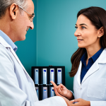 A professional female ophthalmologist, fully clothed in a modest lab coat, gently explains advanced eye treatment options to a middle-aged male patient, fully clothed in comfortable, appropriate attire. They are in a pristine, modern ophthalmology clinic with soft, professional lighting and state-of-the-art medical equipment in the background. The atmosphere is calm and reassuring, emphasizing patient-centric care and innovative therapy. safe for work, appropriate content, fully clothed, professional, perfect anatomy, correct proportions, natural pose, well-formed hands, proper finger count, natural body proportions, high quality medical photography.