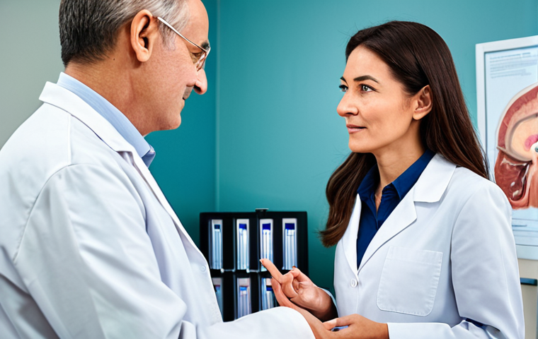 A professional female ophthalmologist, fully clothed in a modest lab coat, gently explains advanced eye treatment options to a middle-aged male patient, fully clothed in comfortable, appropriate attire. They are in a pristine, modern ophthalmology clinic with soft, professional lighting and state-of-the-art medical equipment in the background. The atmosphere is calm and reassuring, emphasizing patient-centric care and innovative therapy. safe for work, appropriate content, fully clothed, professional, perfect anatomy, correct proportions, natural pose, well-formed hands, proper finger count, natural body proportions, high quality medical photography.