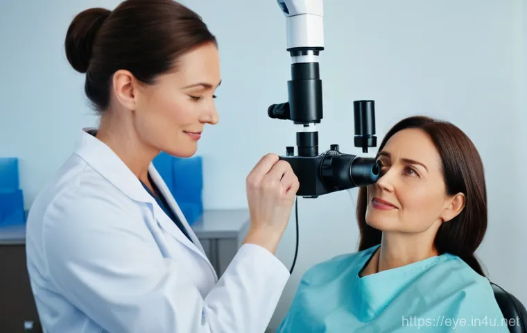 안과 검진 주기 - A person in their late 20s or early 30s, looking fatigued and slightly squinting, seated at a desk i...